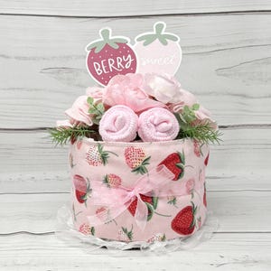 Berry Sweet Strawberry Diaper Cake Baby Shower Table Centerpiece-Pregnancy Reveal Newborn Gift-New Baby Gifts Gender Reveal-Baby Girl.
