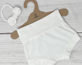 White Baby Bummie Shorts Knot Headband-Coming Home Outfit-Baby Girl Clothing-Expecting Mom Gift-First Time Mom Gift-New Mom Gift Ideas.