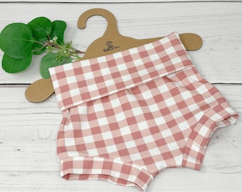 Gingham Baby Bummies, Folded Waist Diaper Cover, Boho Baby Shorts