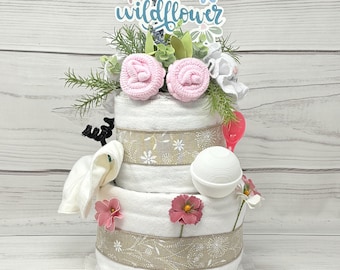 Little Wildflower Diaper Cake Baby Shower Table Centerpiece-First Time Mom Gift Baby Sprinkle Decor-Diaper Raffle Coworker Baby Gift.