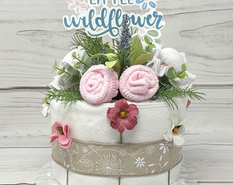 Little Wildflower Diaper Cake Girl Baby Shower Table Centerpiece-First Time Mom Gift Baby Sprinkle Decor-Diaper Raffle Coworker Baby Gift.