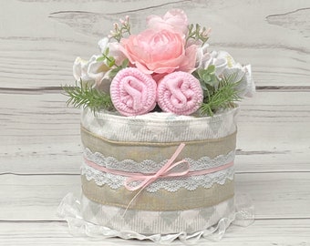 Diaper Cake Girl Baby Shower Table Centerpiece-Diaper Raffle Expecting Mom Gift-Unique Baby Gift for Expecting Parents-Baby Congratulations.