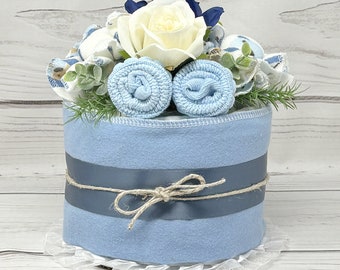 Centrotavola per torta di pannolini per ragazzo, blu ardesia, centrotavola per baby shower, lotteria di pannolini, regalo per la mamma in attesa, regalo unico per i genitori in attesa.