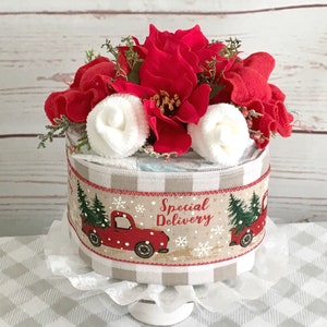 Special Delivery Christmas Diaper Cake Baby Shower Table Centerpiece-Red Truck New Parents Gift-New Baby Gift-Expecting Mom Gift.