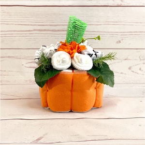 Pumpkin Diaper Cake-Halloween Baby Shower-Halloween Centerpiece-Little Pumpkin Table Decor-Baby Shower Gift-New Baby Gift-New Mom Gift.