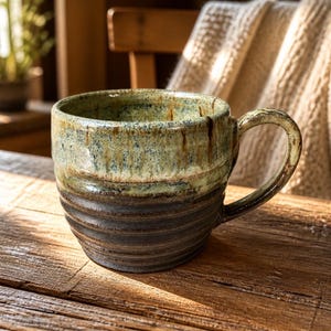 May include: A ceramic mug featuring a two-tone glaze with a speckled light green and cream upper section and a dark brown, ribbed lower body. The mug has a curved handle and a wide, circular opening, showcasing a distinct textured finish.
