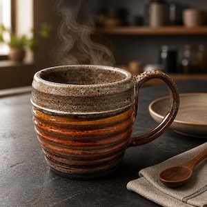 May include: A ceramic mug with a textured, speckled gray rim and a ribbed body featuring horizontal bands of orange, brown, and dark red glaze. The mug has a curved handle and contains a hot beverage emitting visible wisps of steam.