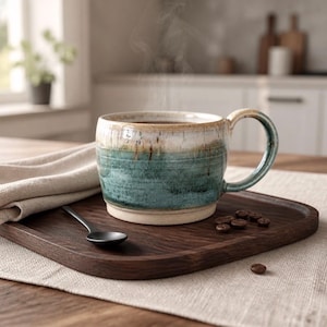 May include: A ceramic mug with a teal and cream glaze, filled with steaming coffee. The mug sits on a dark wooden tray with a small spoon and coffee beans. The scene is set on a neutral linen cloth.