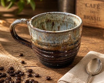 May include: A ceramic mug with a ribbed texture, featuring a gradient glaze that transitions from a dark brown base to a light blue and grey rim. The mug has a curved handle and a wide opening, showcasing a handcrafted appearance with visible glaze drips.