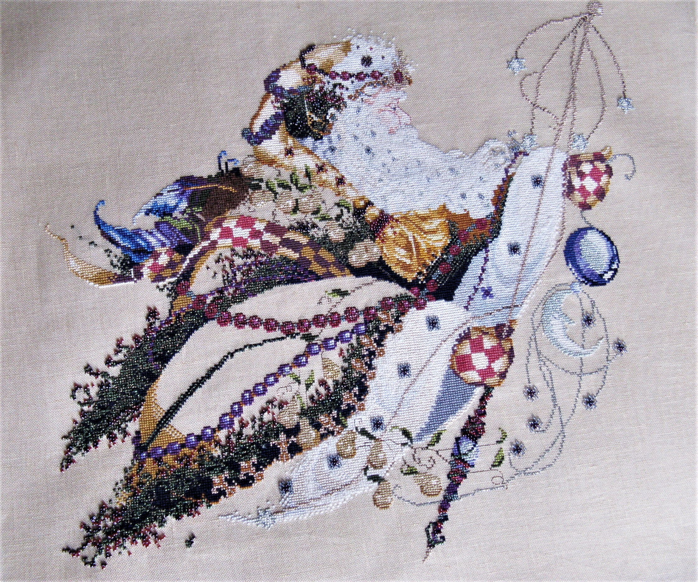 Broderie Fait Main Aux Points de Croix sur Toile Lin Beige Motif Pére Noël