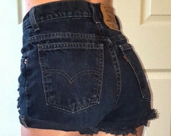 LEVI'S HIGH WAIST Vintage Jean Denim Shorts Destroyed Distressed 24 25 26 27 28 29 30 31 32 33 34 35 36 37 38 Authentic Gift Reworked Black