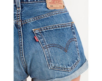 LEVIS HIGH WAIST Vintage Jean Denim Cuffed Shorts Auténtico 24 25 26 27 28 29 30 31 32 33 34 35 36 37 38 Todos los tamaños Regalo Reelaborado Azul Medio