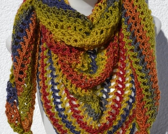Triangular Scarf Scarf Cloth Crochet Scarf Handkerchief ocher pistachio orange red blue colorful striped hand crocheted