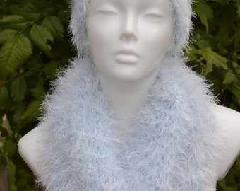 Loop + Headband Set Tube Scarf Scarf Loop Scarf Neckwarmer Earmuffs Hairband blue ice blue fluffy knitted handknitted