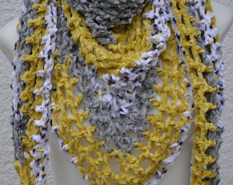 Triangular Scarf Cloth Shawl Scarf Handkerchief white ocher mustard gray crocheted by hand