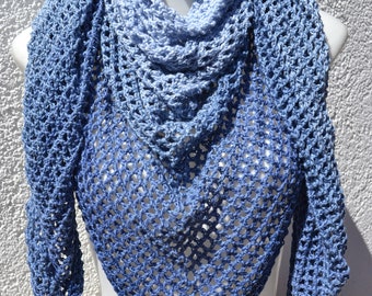 Triangular scarf Cloth Crochet scarf Summer blue white mottled by hand crochet with gradient