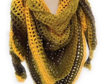 Triangular scarf crochet shawl ocher gold green striped