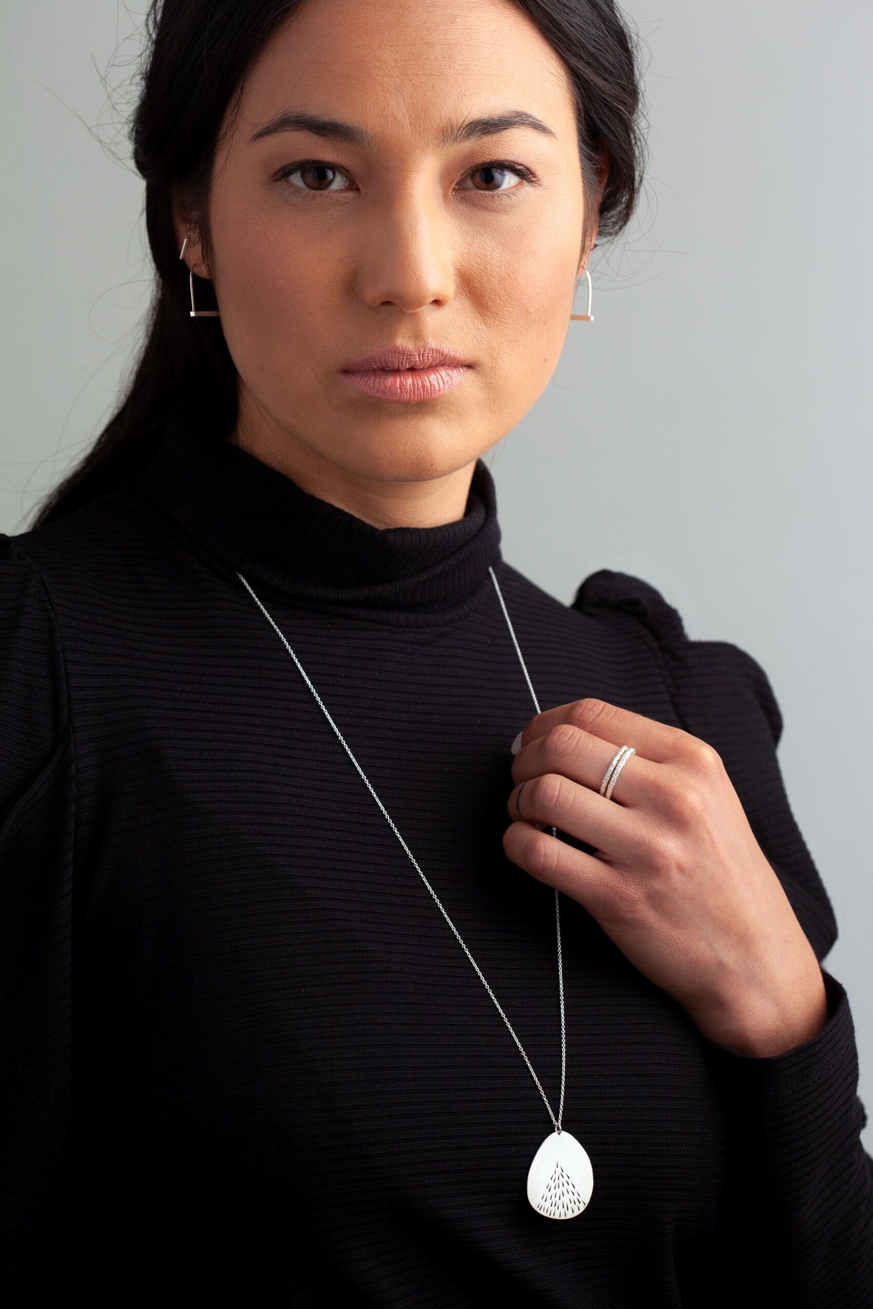 LENA. Long Necklace. Small Drops Engraved on a Reflective