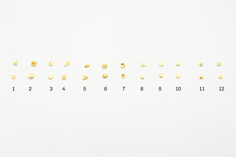 May include: Twelve rows of small, round, gold-colored beads arranged in a line on a white background. The rows are numbered 1 through 12.