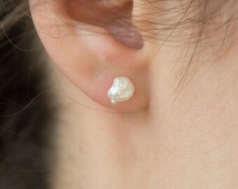 Natural creamy white keshi freshwater pearls earings (5-7mm), rhodium plated solid sterling silver
