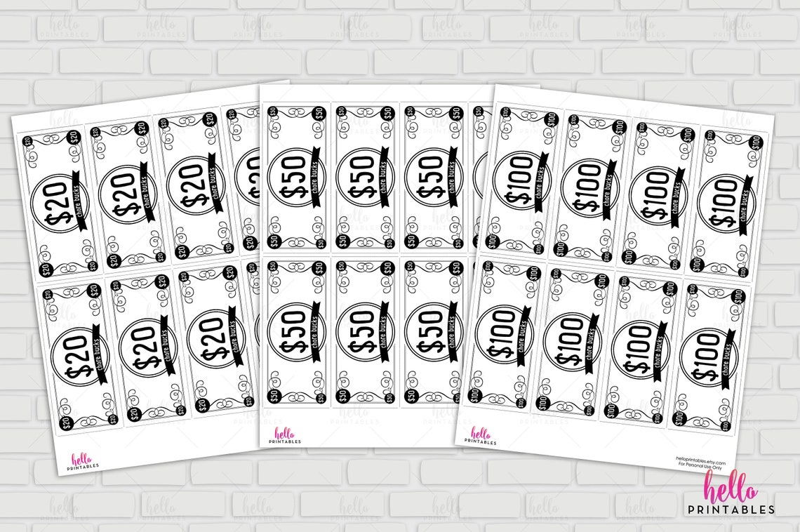 Chore Bucks Printable // Extended Pack Larger Denomination Etsy