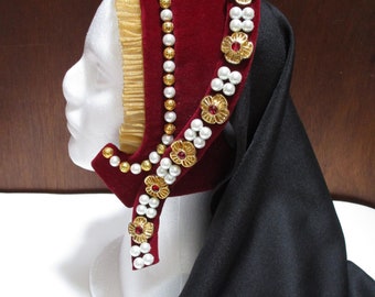 Tudor French Hood ~ (Catherine Parr) ~ Red Velveteen with gold and pearl accents ~ Historically Accurate