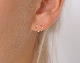9ct Gold Hammered Small Circle Earrings | Delicate 9ct Gold Stud Earrings | Minimal Gold Circle Earrings | Solid Gold Earrings |