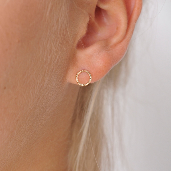 9ct Gold Hammered Small Circle Earrings | Delicate 9ct Gold Stud Earrings | Minimal Gold Circle Earrings | Solid Gold Earrings |