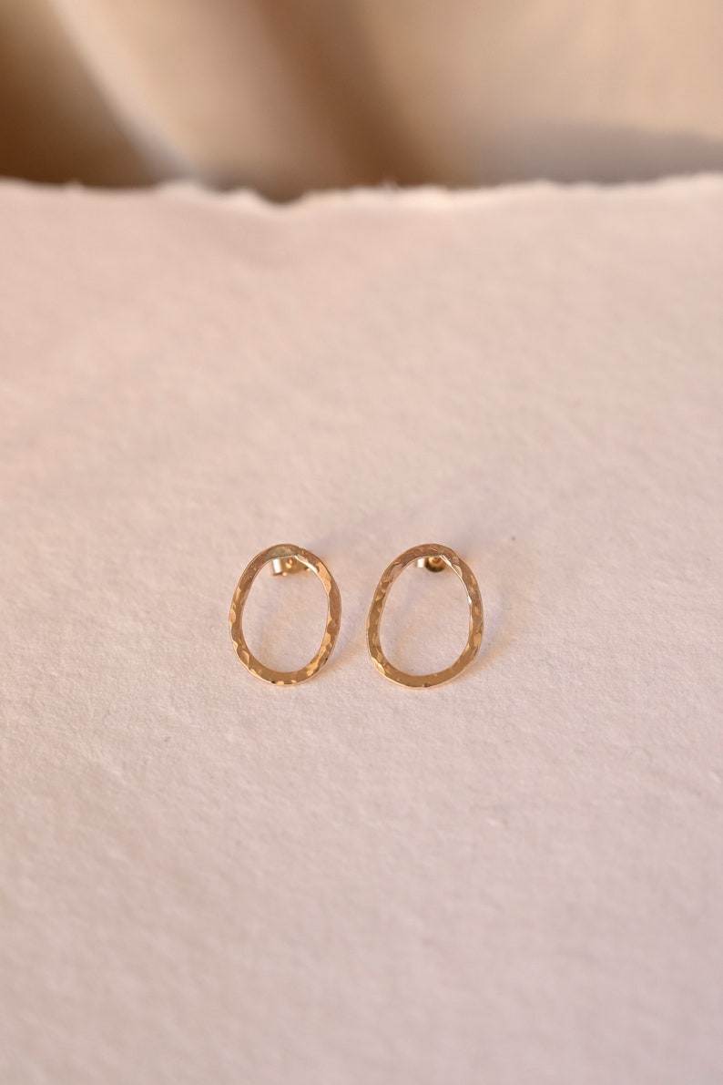 9ct Gold Hand Formed Oval Earrings Hammered Textured Stud Earrings Unique Asymmetric One Of A Kind Solid Gold Minimal Jewellery image 3