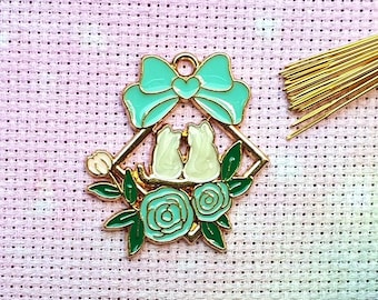 Cat Enamel Needle Minder, Floral, Cross Stitch, Magnet