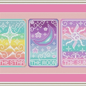 Ensemble de motifs de tarot au point de croix, sorcière au point de croix, sorcière au point de croix, étoile point de croix, lune point de croix, soleil, kawaii
