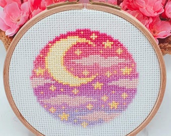 Pastel Night Sky Cross Stitch Pattern, Moon, Pixel, (PDF)