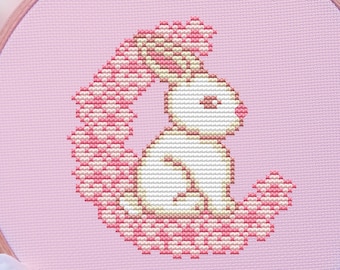 Bunny Cross Stitch Pattern, Japan, Cherry Blossom, Sakura, Moon, Pixel, (PDF)