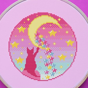 Starfall Cross Stitch Pattern, Cat, Moon,Pastel, (PDF)