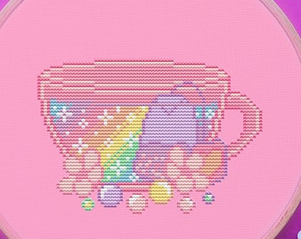 Rainbow Tea Cross Stitch Pattern, Cup, Kawaii, (PDF)