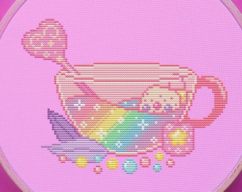 Rainbow Tea Cross Stitch Pattern, Cup, Kawaii, (PDF)