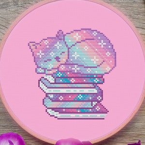 Cat Cross Stitch Pattern, Book, Pastel, Galaxy, Cute, Kawaii, Funny, Bookworm, Japan, Kitten, Counted, PDF, DMC, Embroidery, Craft