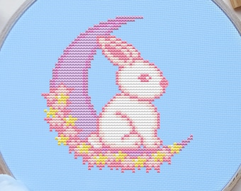 Bunny Cross Stitch Pattern, Moon, Floral, Pixel, (PDF)
