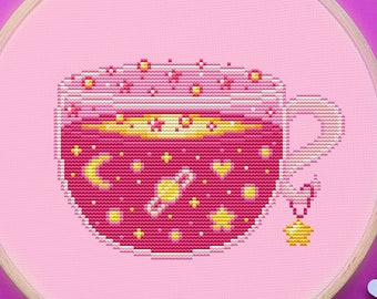 Galaxy Tea Cross Stitch Pattern, Kawaii Cross Stitch, Anime Cross Stitch, Pastel Cross Stitch, Cup Cross Stitch, Counted Cross Stitch, PDF