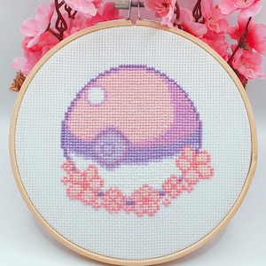 Pastel Pokeball Cross Stitch Pattern, Cherry Blossom Cross Stitch, Game Cross Stitch, Anime Cross Stitch, Kawaii Cross Stitch, Counted, PDF image 1