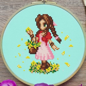 May include: Cross-stitch pattern of a girl in a pink dress and red jacket holding a basket of yellow flowers. The pattern is framed in a light blue hoop.