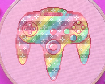 Modèle de point de croix pour manette N64, gaming, arc-en-ciel, galaxie, pixels, (PDF)