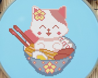 Japan Cat Cross Stitch Pattern, Sushi, Ramen, (PDF)