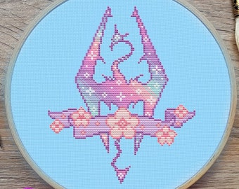 Skyrim Cross Stitch Pattern, Dragon Cross Stitch, Pastel Cross Stitch, Game Cross Stitch, Fantasy Cross Stitch, Counted Cross Stitch, PDF