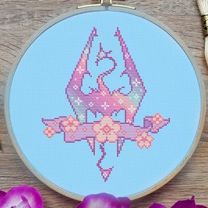 Skyrim Cross Stitch Pattern, Dragon Cross Stitch, Pastel Cross Stitch, Game Cross Stitch, Fantasy Cross Stitch, Counted Cross Stitch, PDF