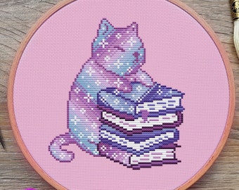 Bookworm Cat Cross Stitch Pattern, Pastel, Galaxy, (PDF)