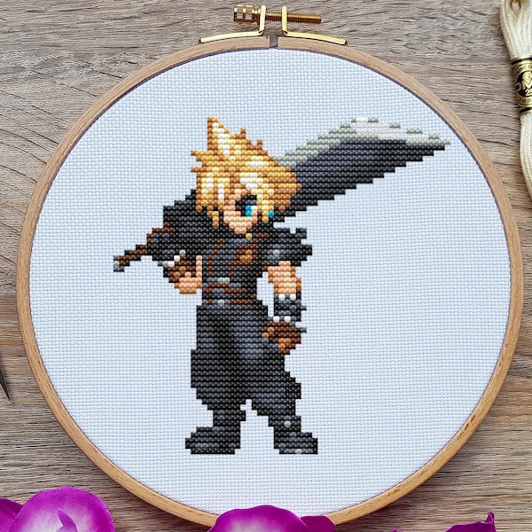 Final Fantasy Cross Stitch Pattern, Cloud Cross Stitch, Game Cross Stitch, Anime Cross Stitch, Kreuzstich, Counted Cross Stitch, Kawaii, DMC