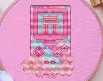 Game Boy Cross Stitch Pattern, Japan Cross Stitch, Pastel Cross Stithc, Galaxy Cross Stitch, Cherry Blossom Cross Stitch, Counted, PDF, DMC