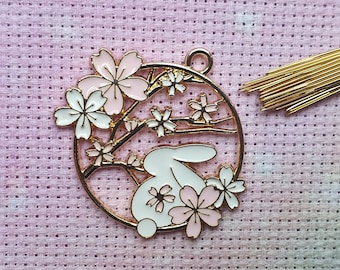 Bunny Enamel Needle Minder, Cherry Blossom, Cross Stitch, Magnet
