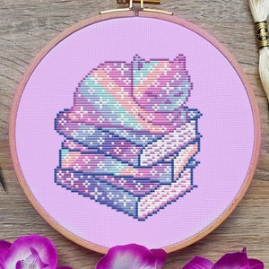 Cat Cross Stitch Pattern, Book, Pastel, Galaxy, Cute, Kawaii, Funny, Bookworm, Japan, Kitten, Counted, PDF, DMC, Embroidery, Craft